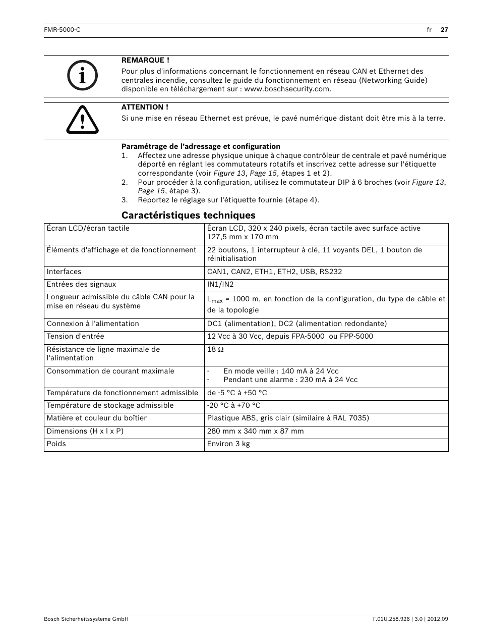 Paramétrage de l'adressage et configuration, Caractéristiques techniques | Bosch Remote Keypad User Manual | Page 27 / 48