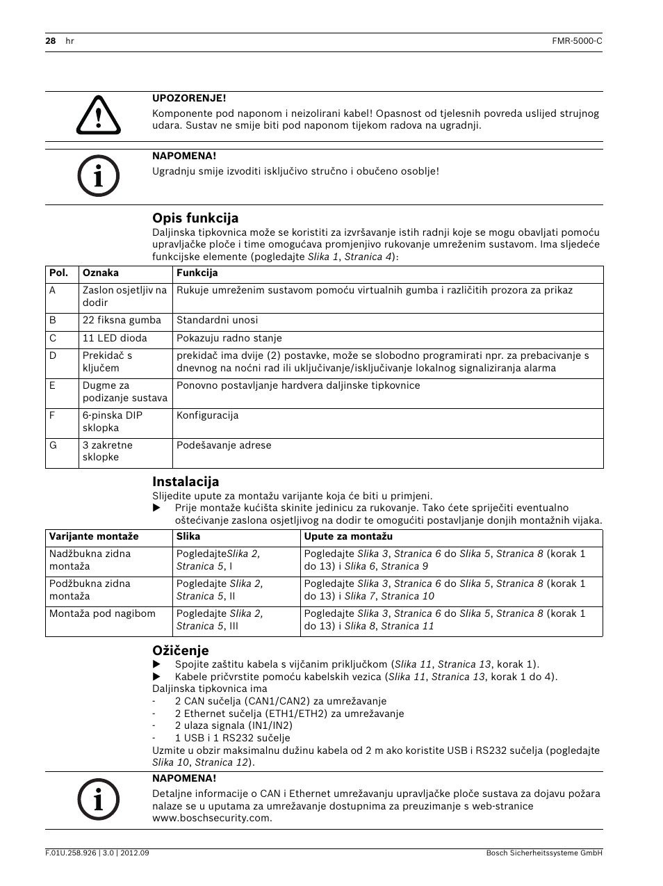 Opis funkcija, Instalacija, Ožičenje | Bosch Remote Keypad User Manual | Page 28 / 48