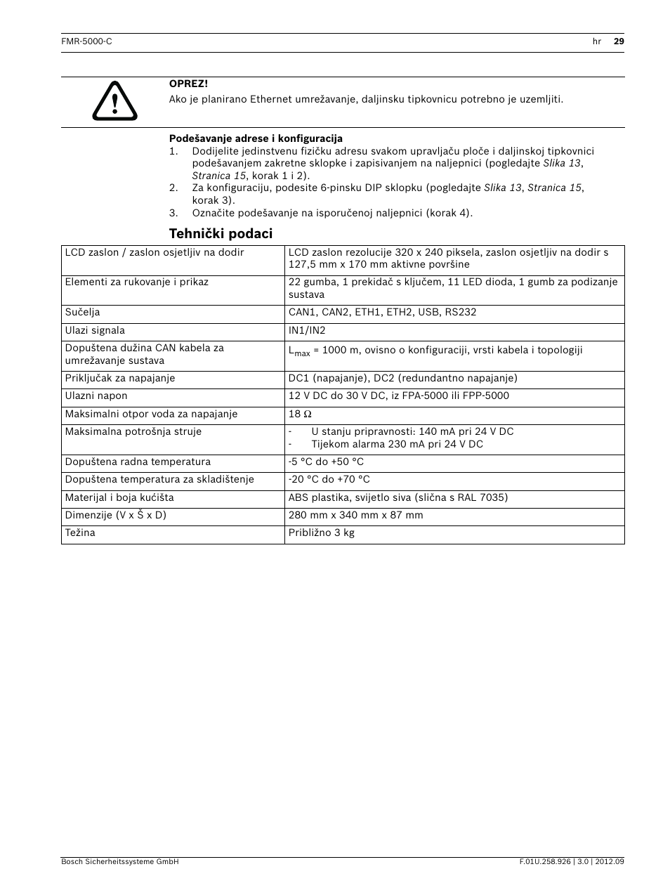 Podešavanje adrese i konfiguracija, Tehnički podaci | Bosch Remote Keypad User Manual | Page 29 / 48