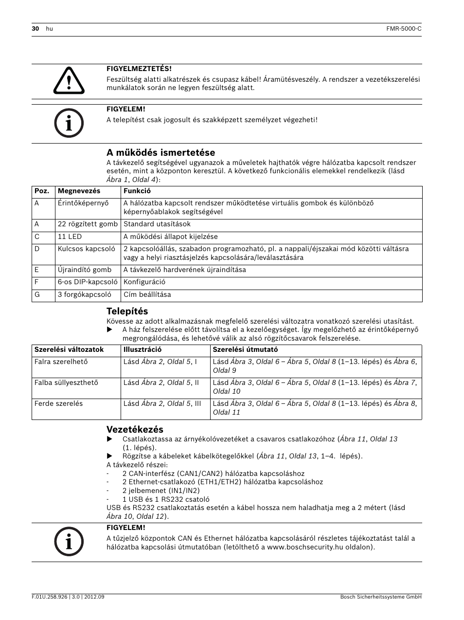 A működés ismertetése, Telepítés, Vezetékezés | Telepítési útmutató | Bosch Remote Keypad User Manual | Page 30 / 48