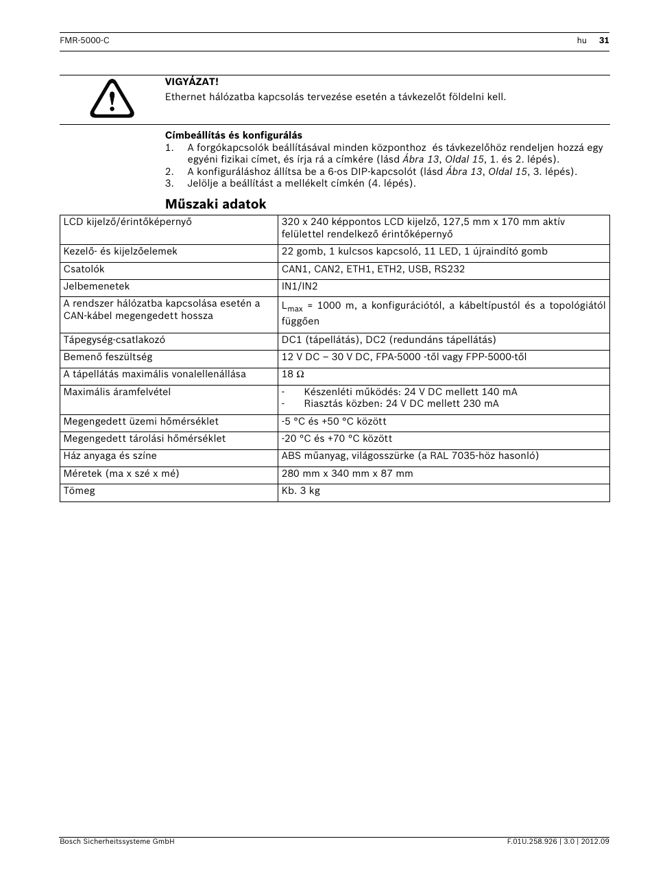 Címbeállítás és konfigurálás, Műszaki adatok | Bosch Remote Keypad User Manual | Page 31 / 48