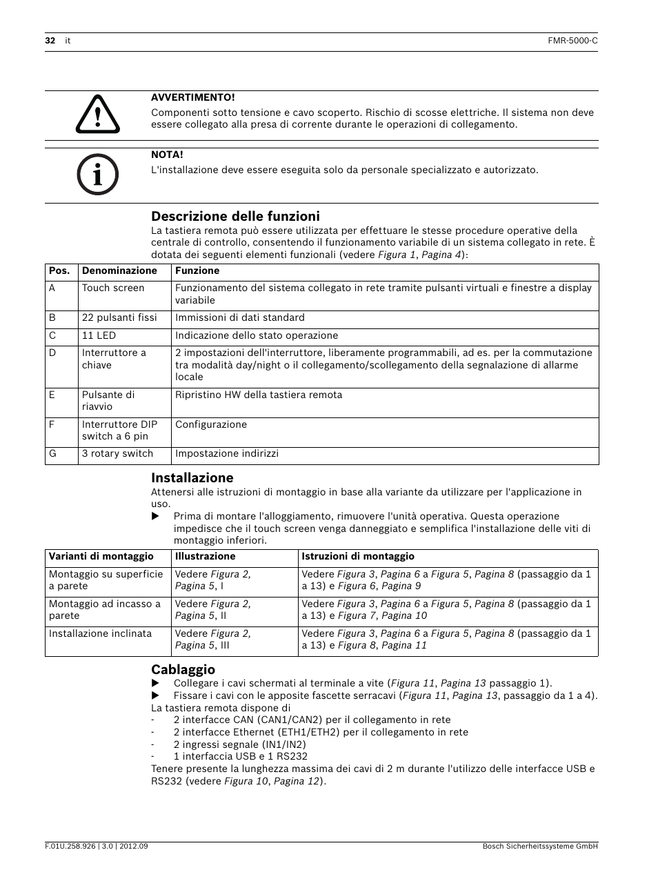 Descrizione delle funzioni, Installazione, Cablaggio | Bosch Remote Keypad User Manual | Page 32 / 48