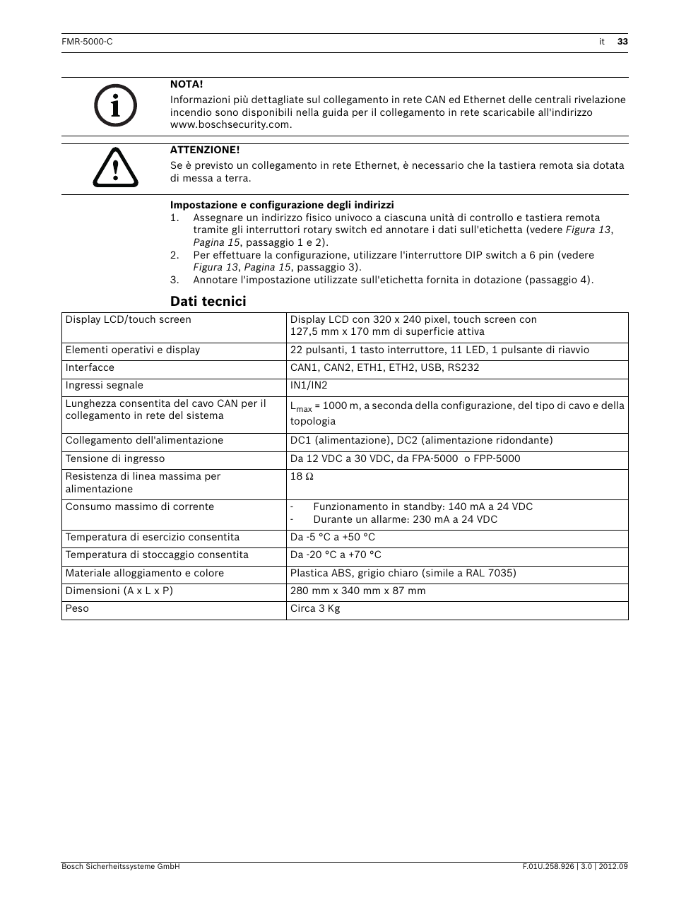 Impostazione e configurazione degli indirizzi, Dati tecnici | Bosch Remote Keypad User Manual | Page 33 / 48