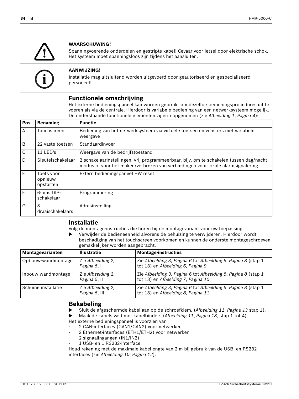 Functionele omschrijving, Installatie, Bekabeling | Bosch Remote Keypad User Manual | Page 34 / 48