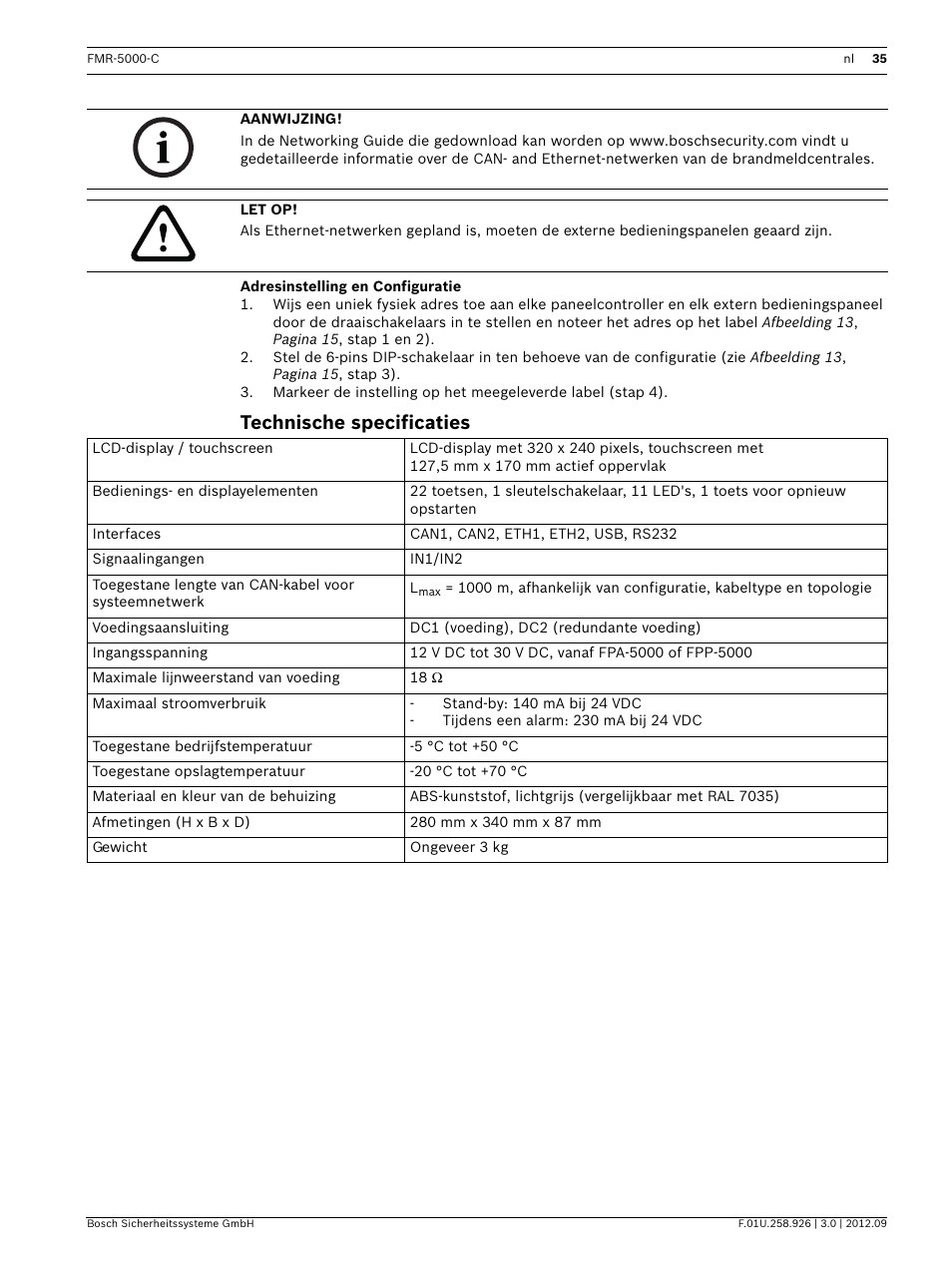 Adresinstelling en configuratie, Technische specificaties | Bosch Remote Keypad User Manual | Page 35 / 48