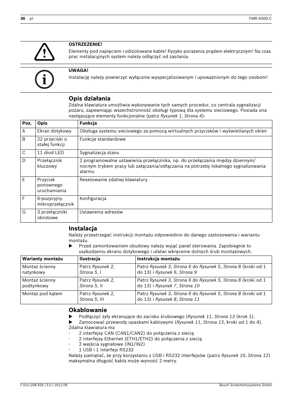 Opis działania, Instalacja, Okablowanie | Bosch Remote Keypad User Manual | Page 36 / 48