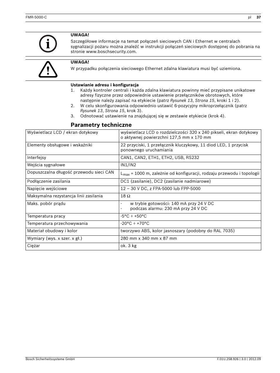 Ustawianie adresu i konfiguracja, Parametry techniczne | Bosch Remote Keypad User Manual | Page 37 / 48