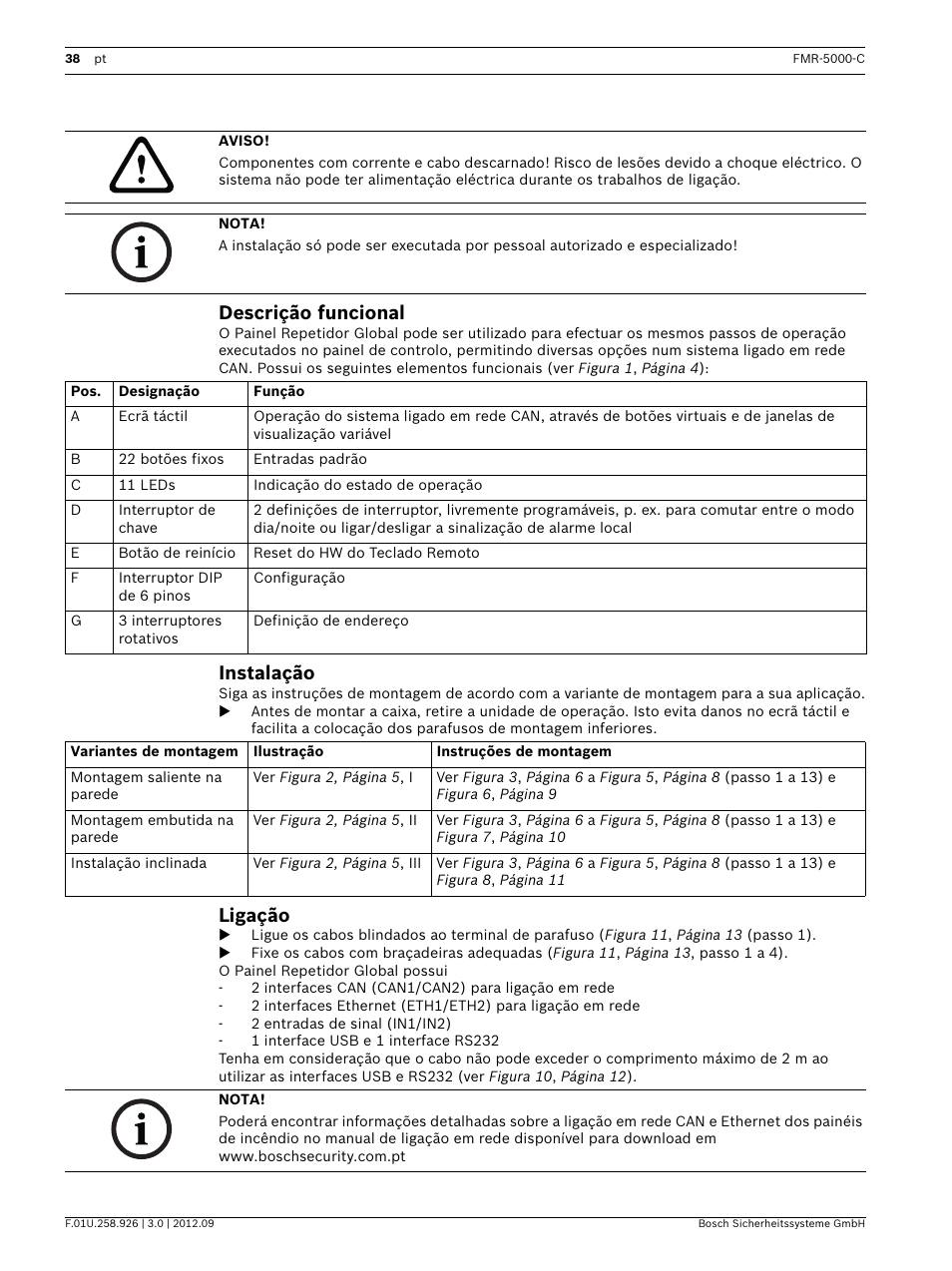 Descrição funcional, Instalação, Ligação | Bosch Remote Keypad User Manual | Page 38 / 48