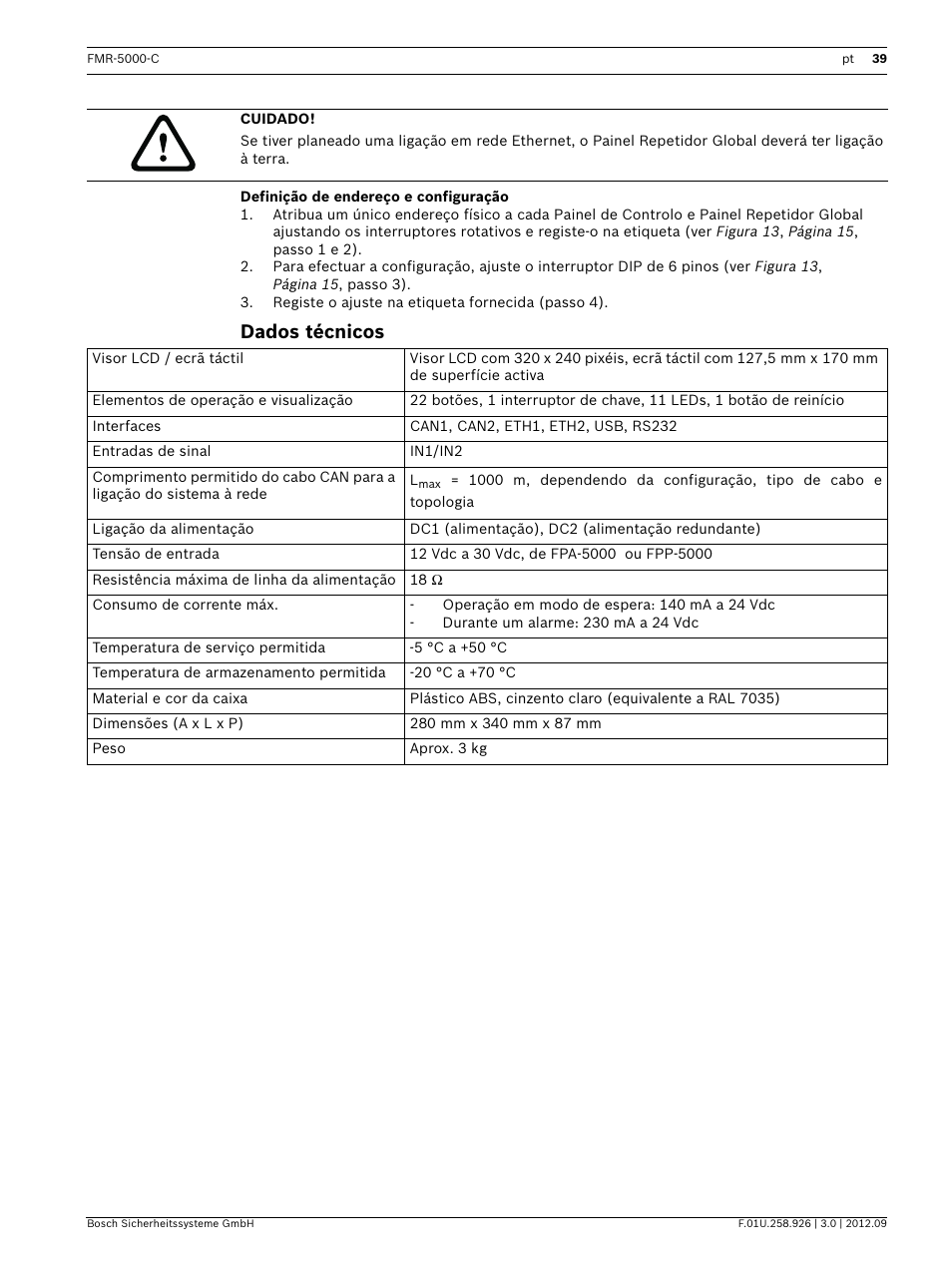 Definição de endereço e configuração, Dados técnicos | Bosch Remote Keypad User Manual | Page 39 / 48