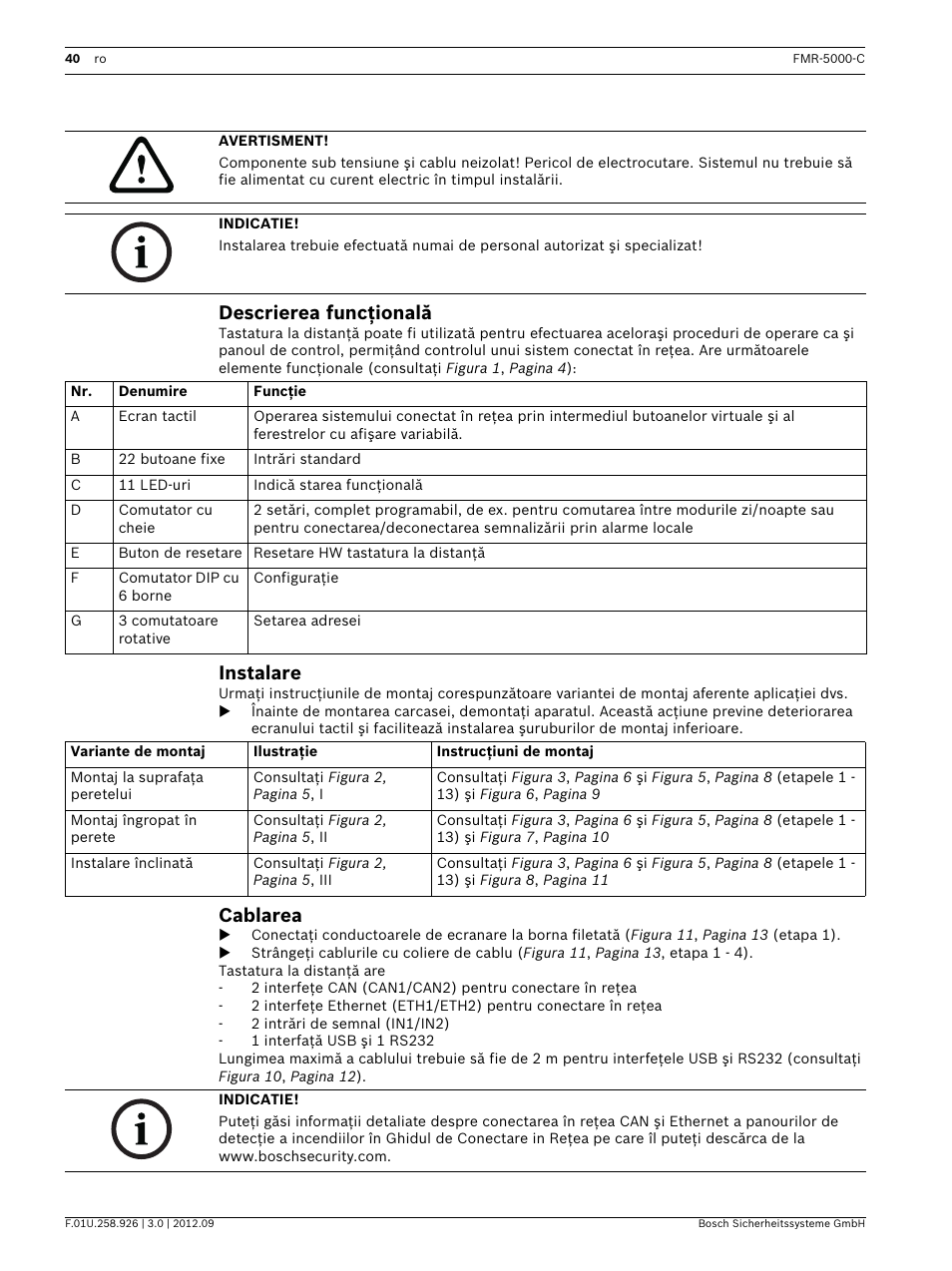 Descrierea funcţională, Instalare, Cablarea | Bosch Remote Keypad User Manual | Page 40 / 48