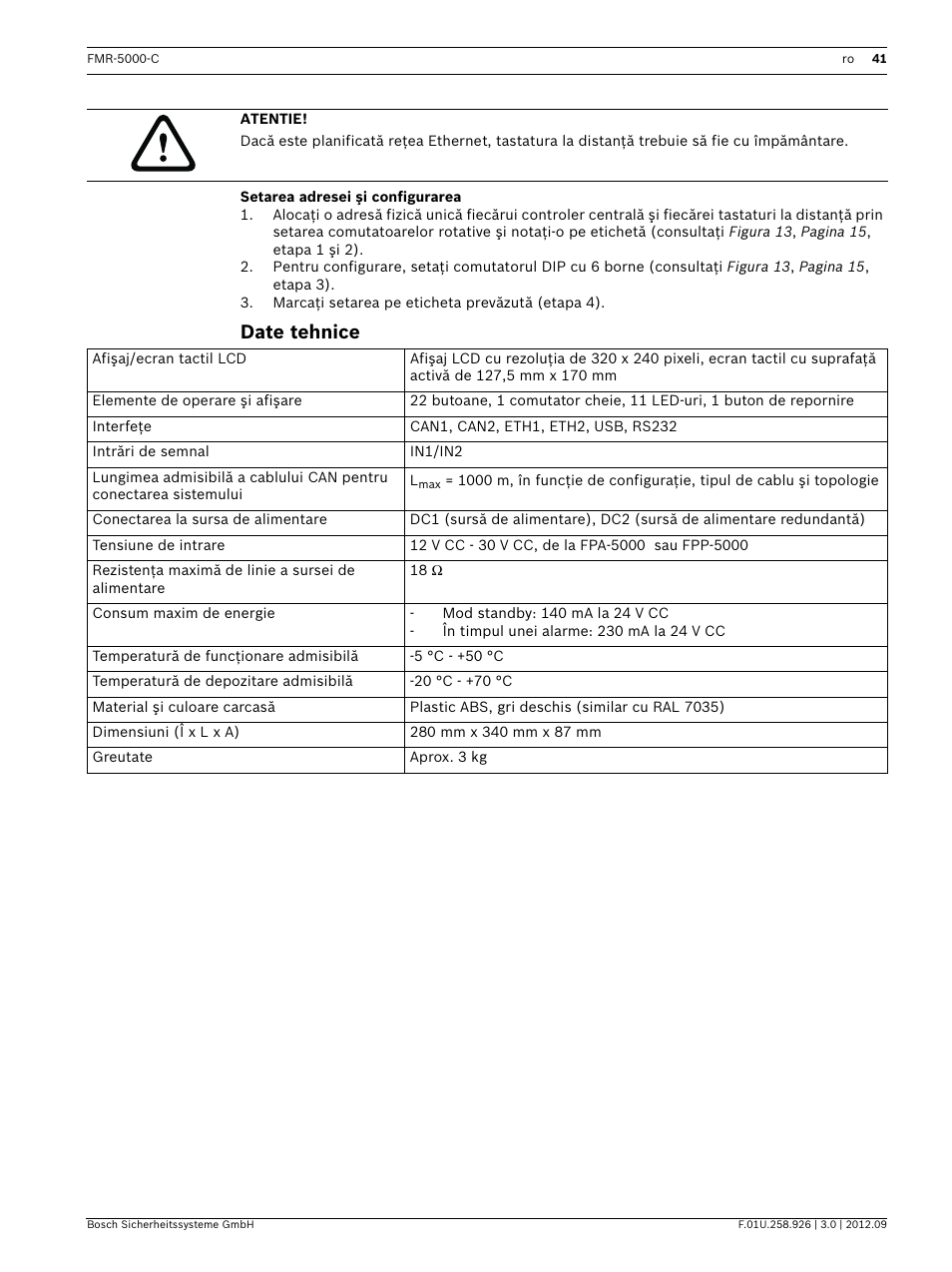 Setarea adresei şi configurarea, Date tehnice | Bosch Remote Keypad User Manual | Page 41 / 48