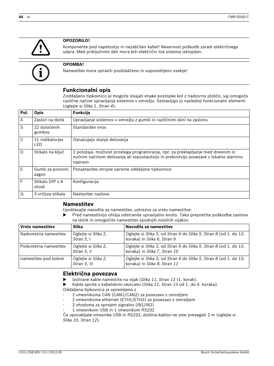 Funkcionalni opis, Namestitev, Električna povezava | Bosch Remote Keypad User Manual | Page 44 / 48