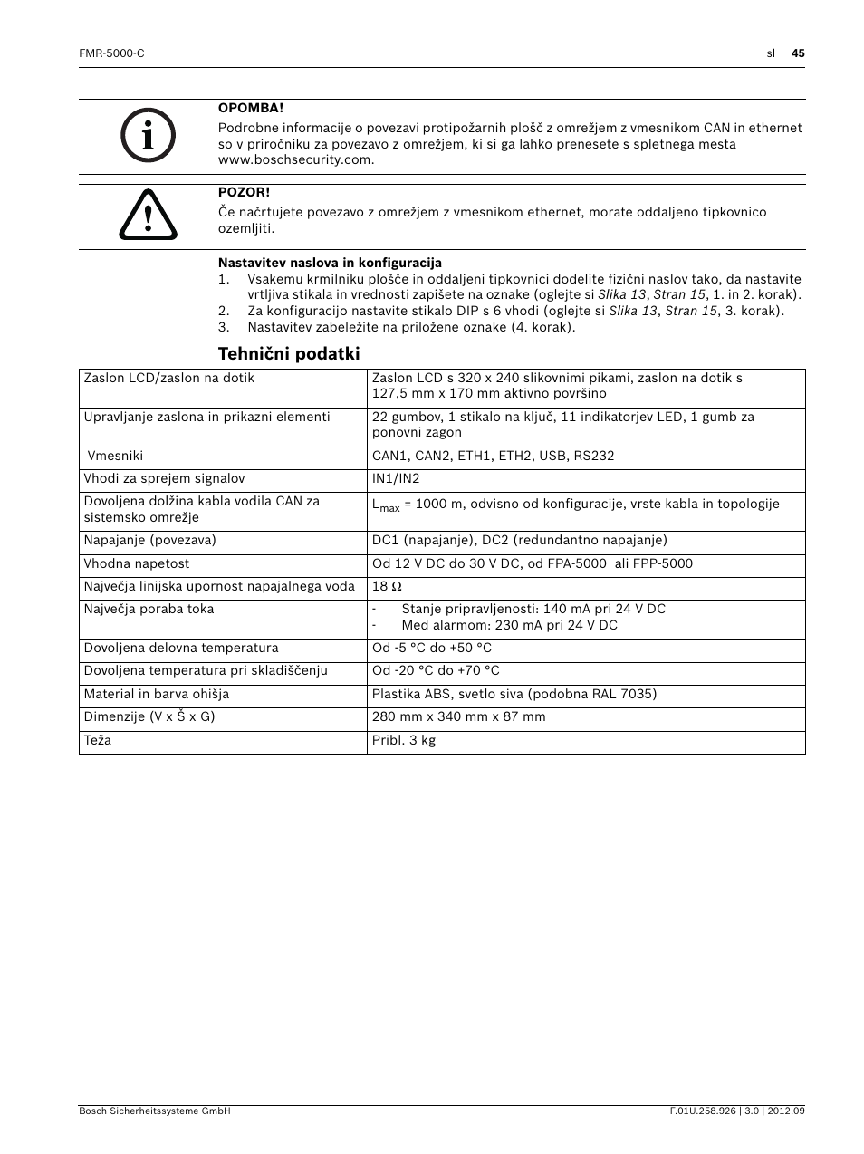 Nastavitev naslova in konfiguracija, Tehnični podatki | Bosch Remote Keypad User Manual | Page 45 / 48