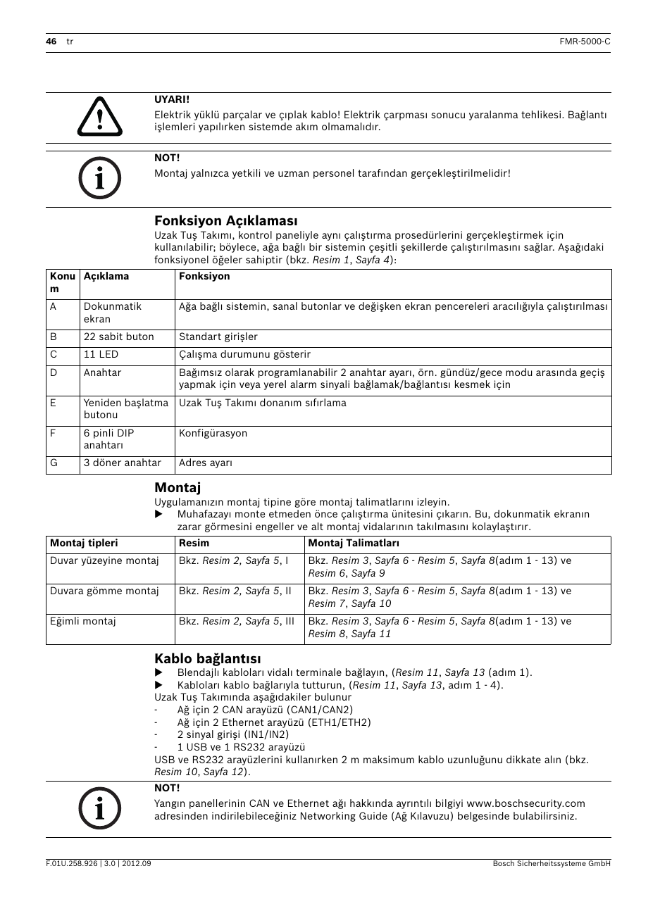 Fonksiyon açıklaması, Montaj, Kablo bağlantısı | Bosch Remote Keypad User Manual | Page 46 / 48