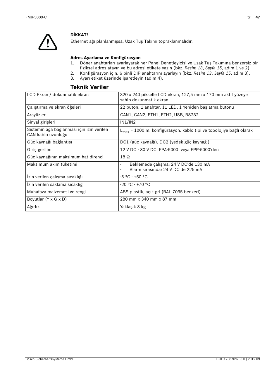 Adres ayarlama ve konfigürasyon, Teknik veriler | Bosch Remote Keypad User Manual | Page 47 / 48