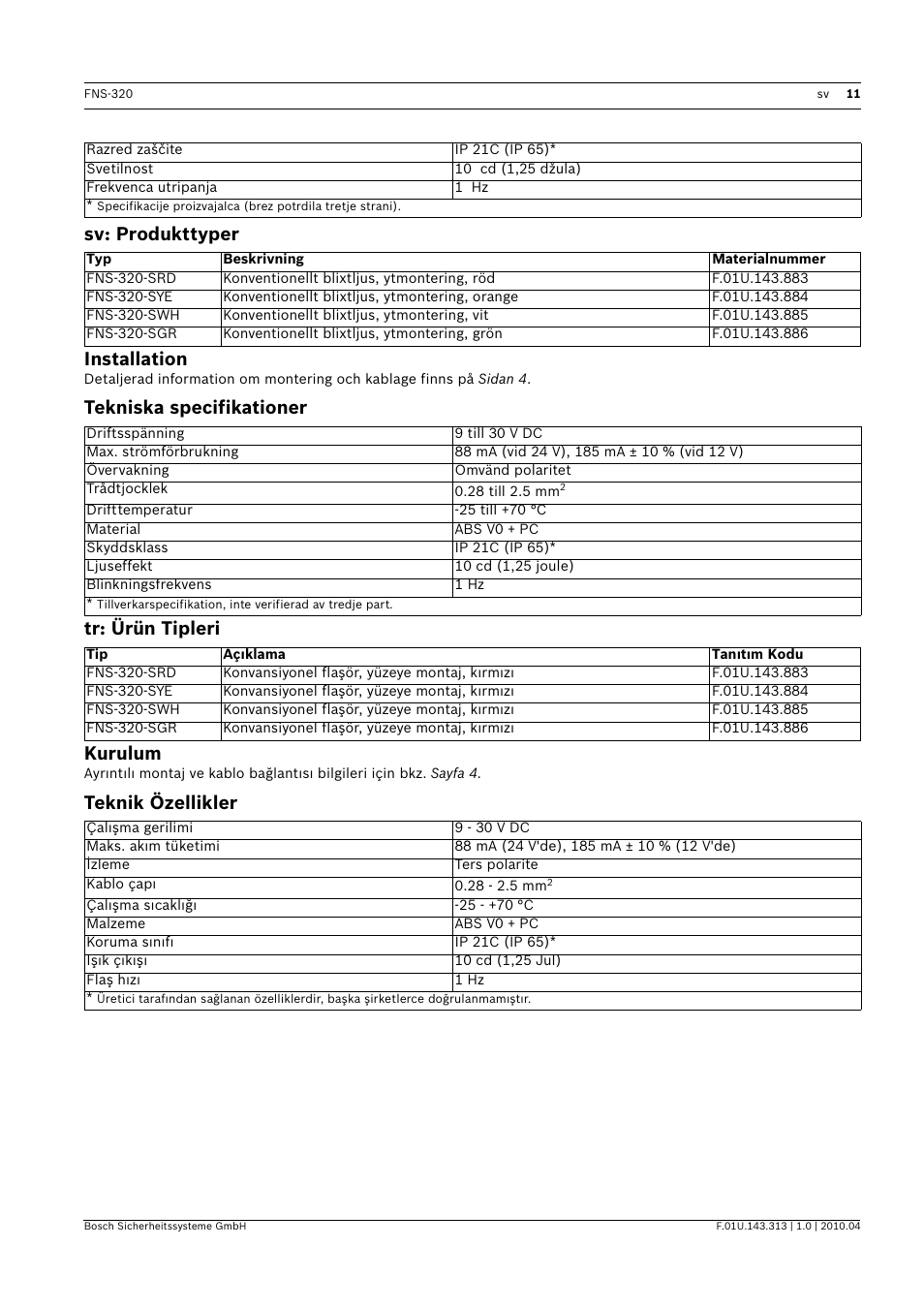 Sv: produkttyper, Installation, Tekniska specifikationer | Tr: ürün tipleri, Kurulum, Teknik özellikler, Sv: produkttyper installation, Tekniska specifikationer tr: ürün tipleri kurulum | Bosch FNS-320 Beacons Conventional User Manual | Page 11 / 12