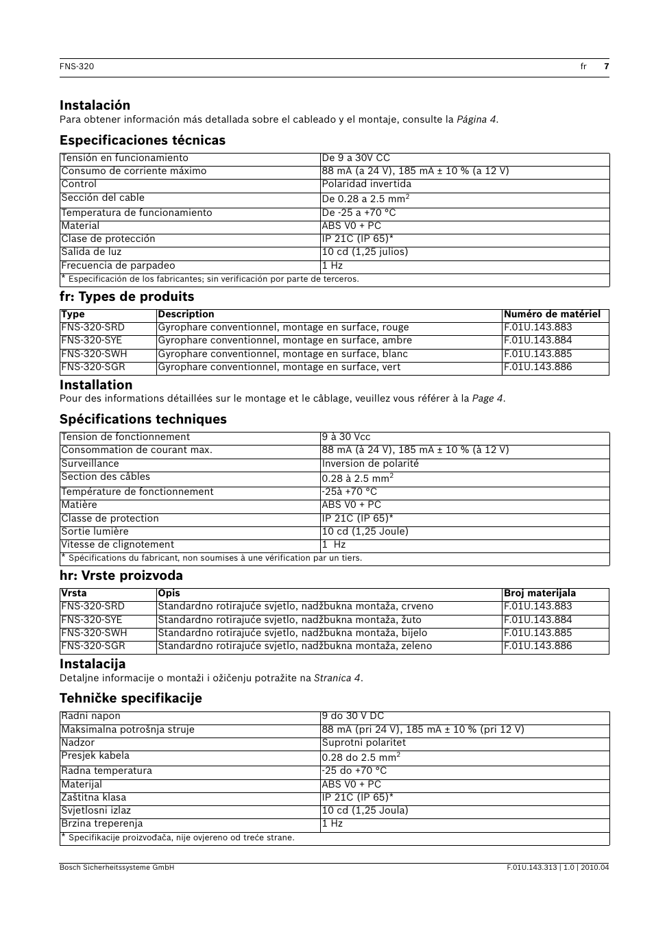 Instalación, Especificaciones técnicas, Fr: types de produits | Installation, Spécifications techniques, Hr: vrste proizvoda, Instalacija, Tehničke specifikacije | Bosch FNS-320 Beacons Conventional User Manual | Page 7 / 12