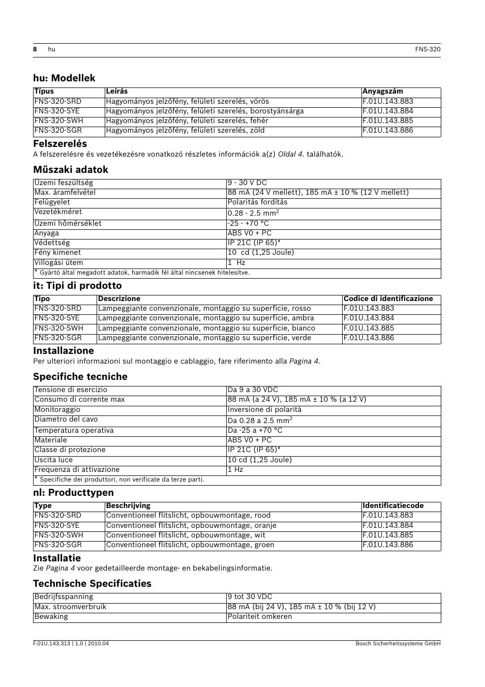 Hu: modellek, Felszerelés, Műszaki adatok | It: tipi di prodotto, Installazione, Specifiche tecniche, Nl: producttypen, Installatie, Technische specificaties, Hu: modellek felszerelés | Bosch FNS-320 Beacons Conventional User Manual | Page 8 / 12