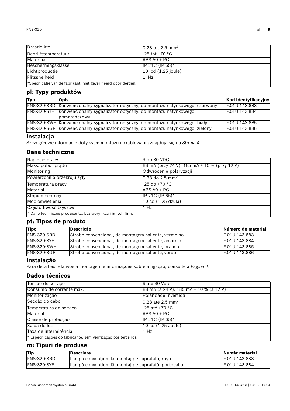 Pl: typy produktów, Instalacja, Dane techniczne | Pt: tipos de produto, Instalação, Dados técnicos, Ro: tipuri de produse, Acji, Ação, Pl: typy produktów instalacja | Bosch FNS-320 Beacons Conventional User Manual | Page 9 / 12