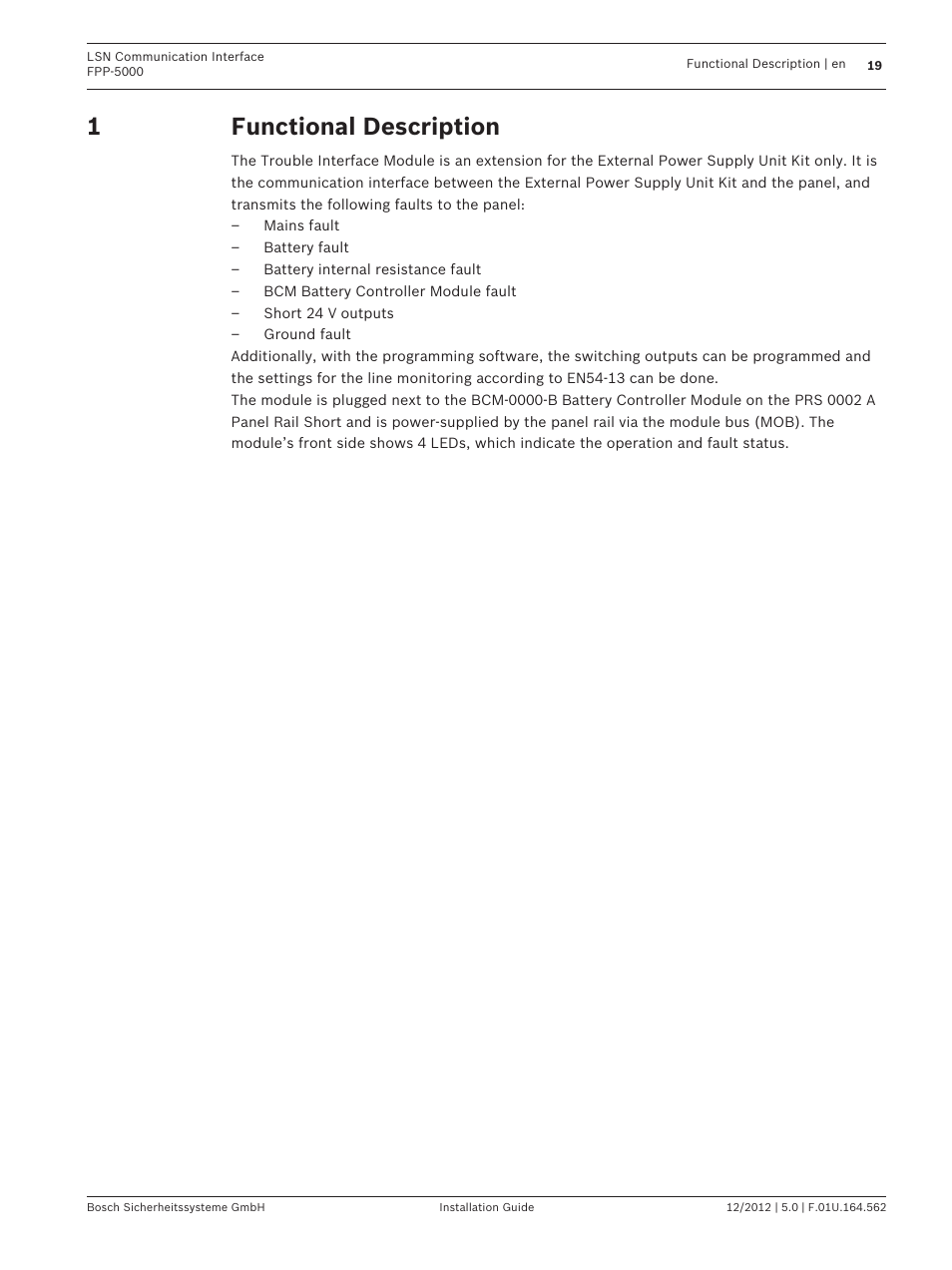 Functional description | Bosch FPP-5000-TI13 LSN Communication Interface for FPP-5000 User Manual | Page 19 / 60
