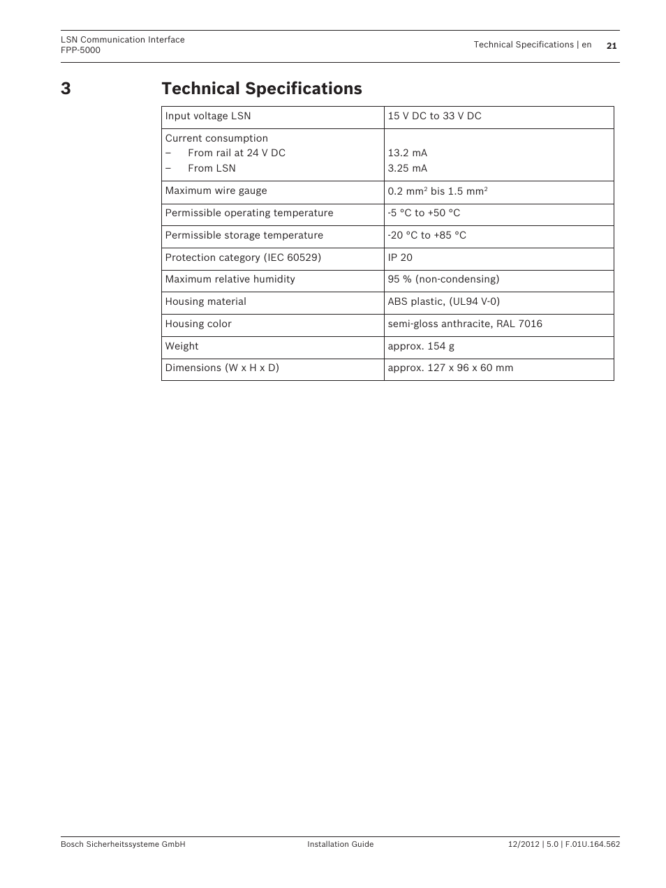 Technical specifications | Bosch FPP-5000-TI13 LSN Communication Interface for FPP-5000 User Manual | Page 21 / 60