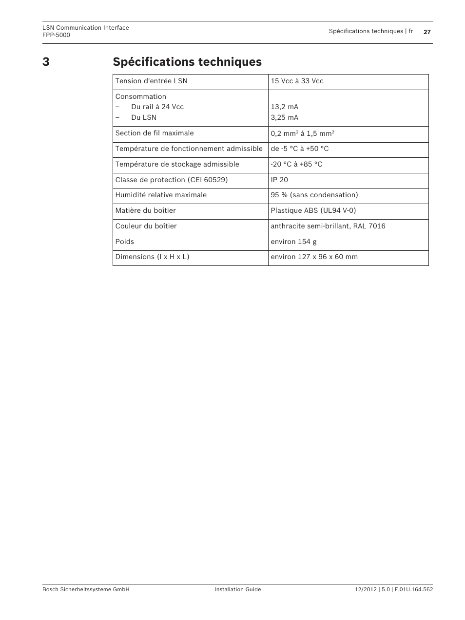 Spécifications techniques | Bosch FPP-5000-TI13 LSN Communication Interface for FPP-5000 User Manual | Page 27 / 60