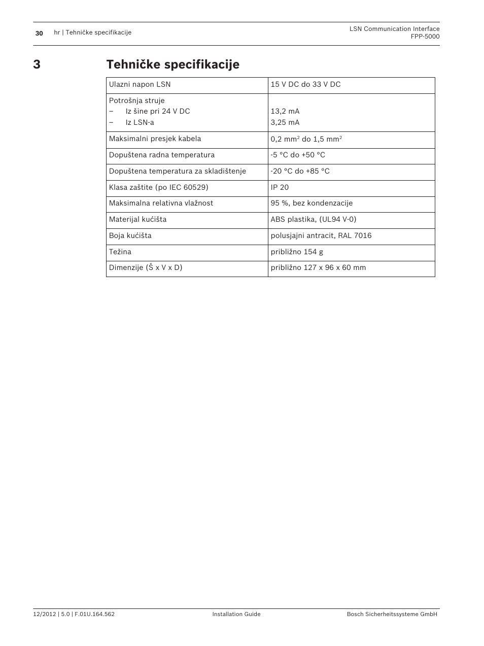 Tehničke specifikacije | Bosch FPP-5000-TI13 LSN Communication Interface for FPP-5000 User Manual | Page 30 / 60
