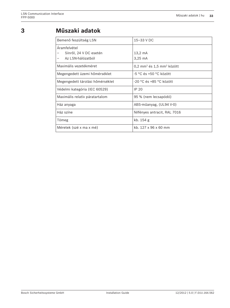 Műszaki adatok | Bosch FPP-5000-TI13 LSN Communication Interface for FPP-5000 User Manual | Page 33 / 60