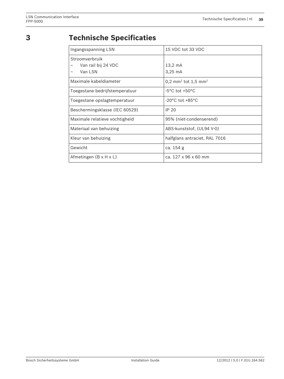 Technische specificaties | Bosch FPP-5000-TI13 LSN Communication Interface for FPP-5000 User Manual | Page 39 / 60
