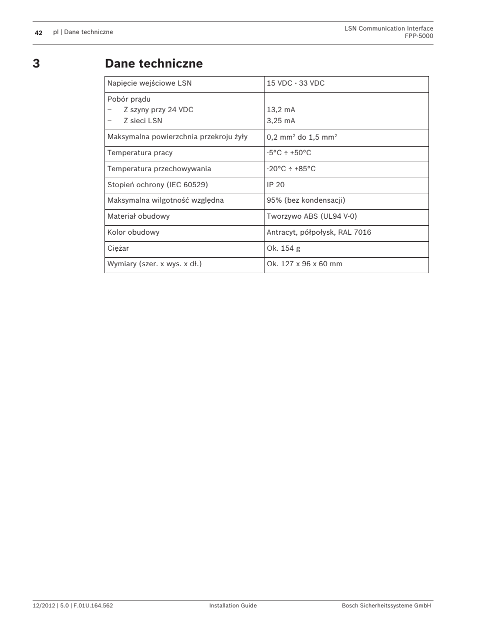 Dane techniczne | Bosch FPP-5000-TI13 LSN Communication Interface for FPP-5000 User Manual | Page 42 / 60