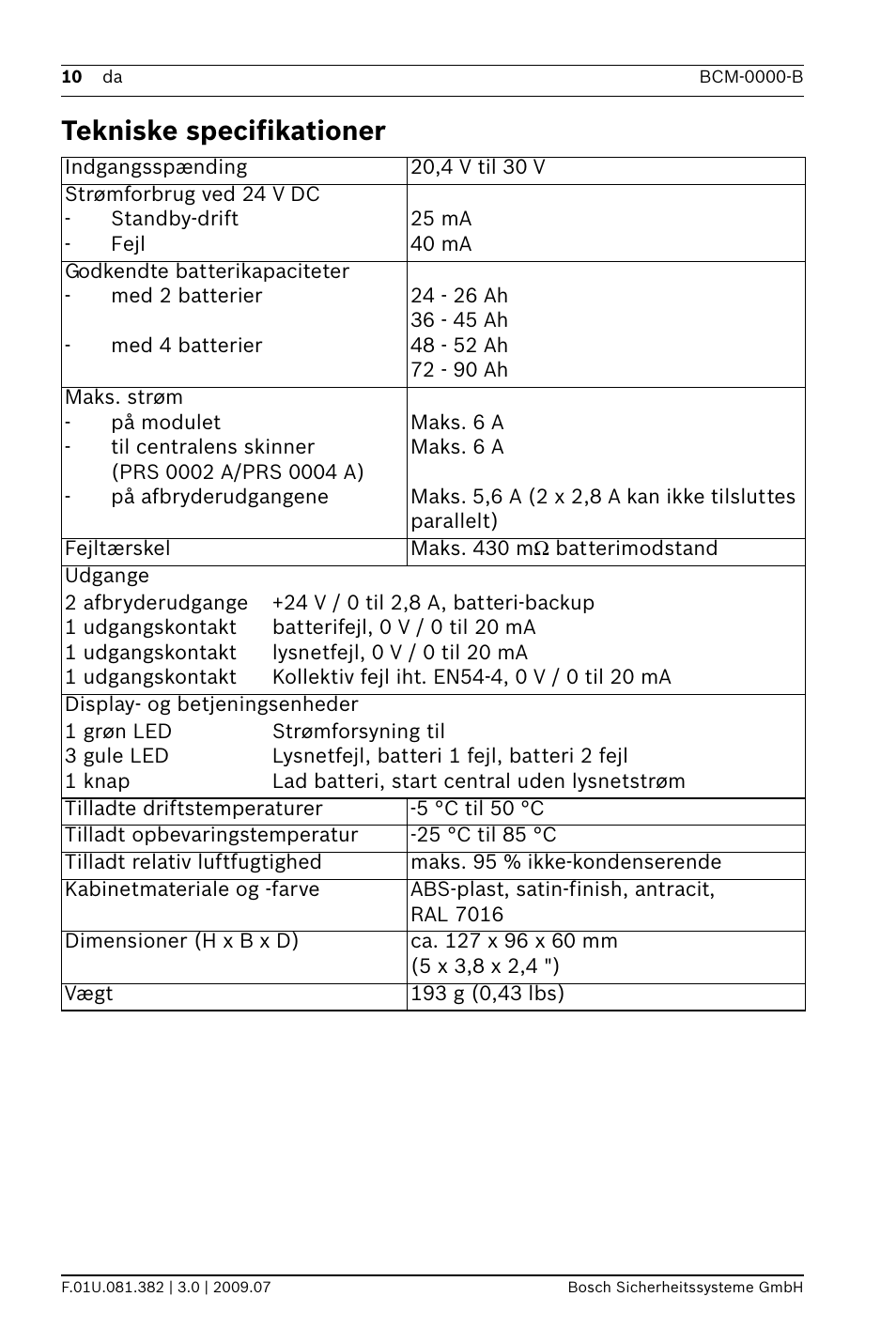 Tekniske specifikationer | Bosch FPP-5000 External Power Supply Unit Kit 24 V User Manual | Page 10 / 60