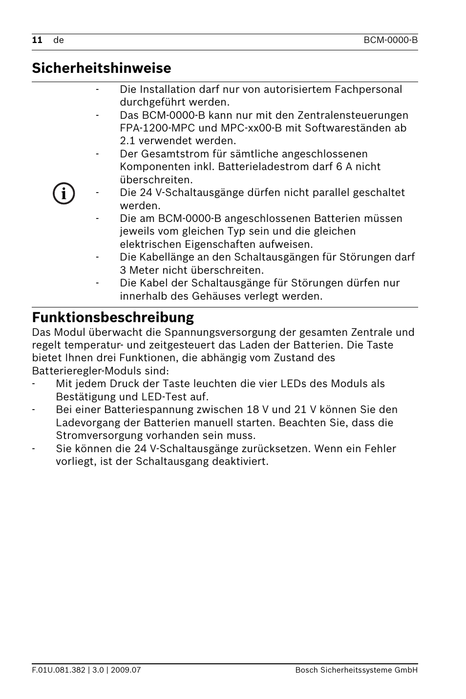 Sicherheitshinweise funktionsbeschreibung | Bosch FPP-5000 External Power Supply Unit Kit 24 V User Manual | Page 11 / 60