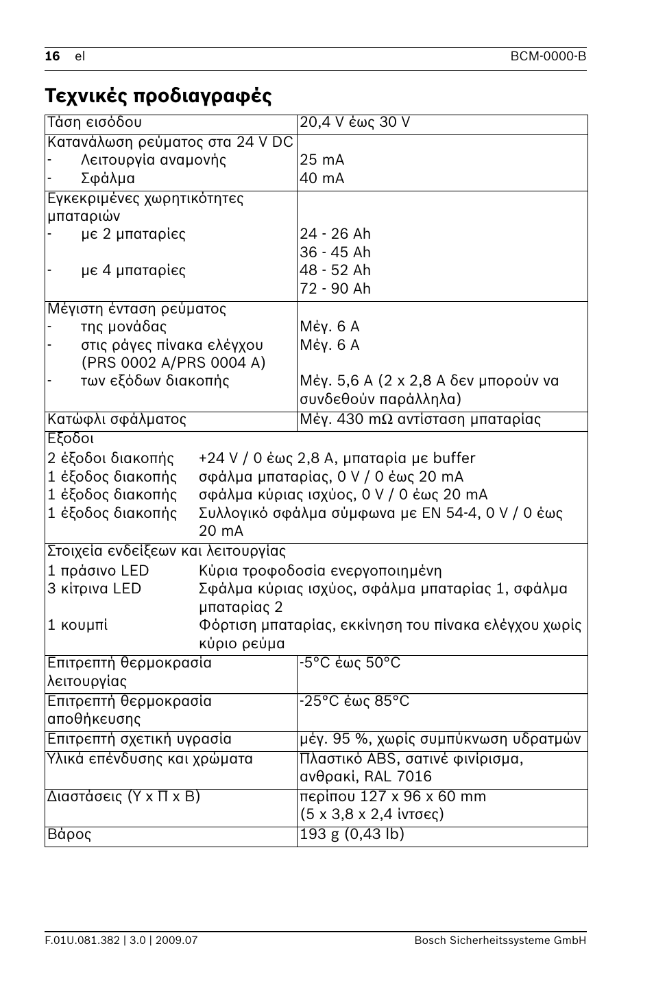 Τεχνικές προδιαγραφές | Bosch FPP-5000 External Power Supply Unit Kit 24 V User Manual | Page 16 / 60