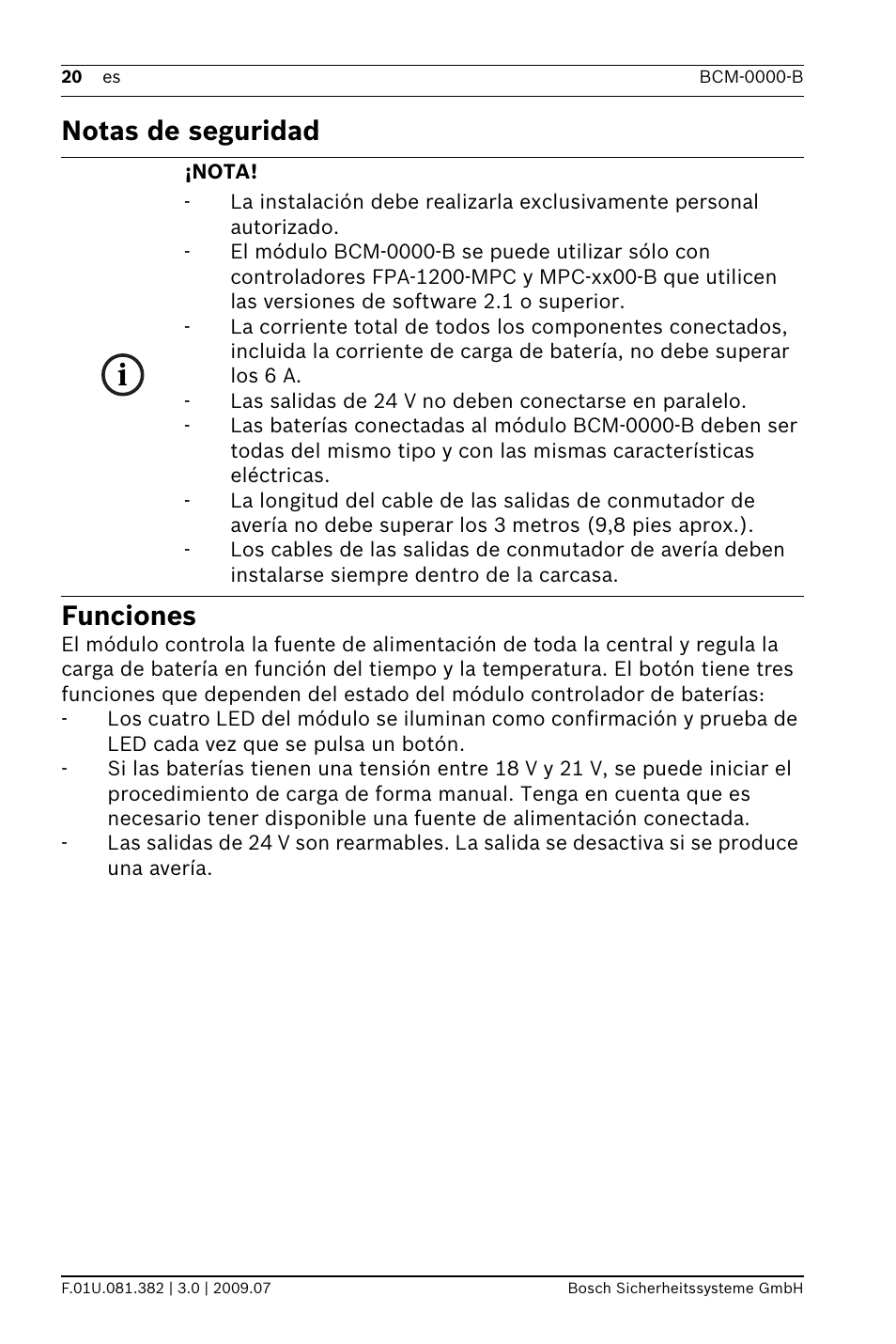 Notas de seguridad funciones | Bosch FPP-5000 External Power Supply Unit Kit 24 V User Manual | Page 20 / 60