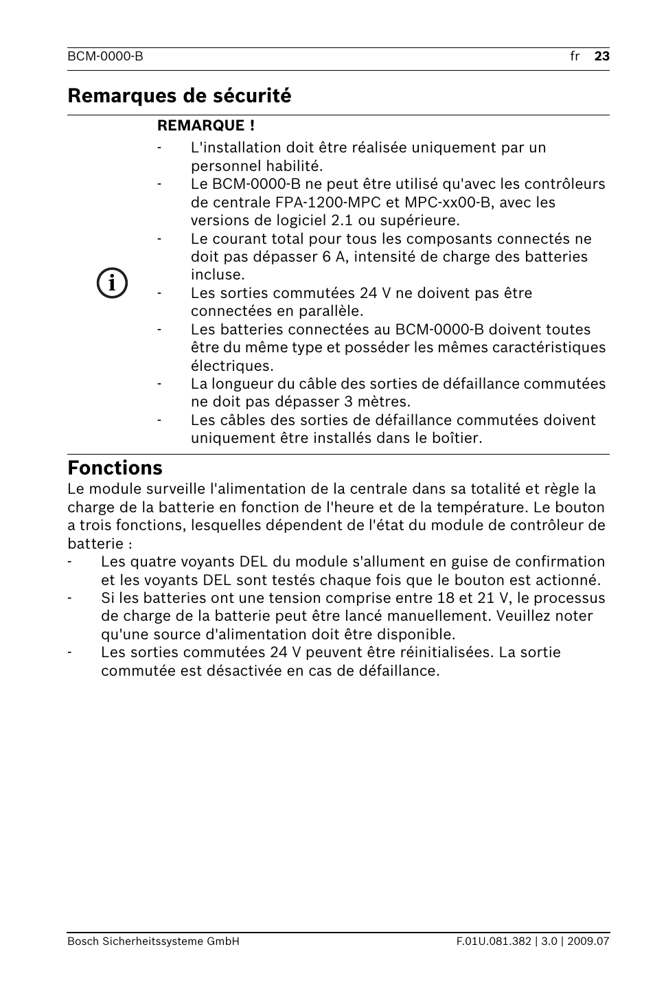 Remarques de sécurité fonctions | Bosch FPP-5000 External Power Supply Unit Kit 24 V User Manual | Page 23 / 60