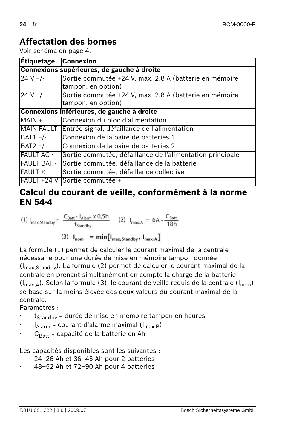 Affectation des bornes | Bosch FPP-5000 External Power Supply Unit Kit 24 V User Manual | Page 24 / 60