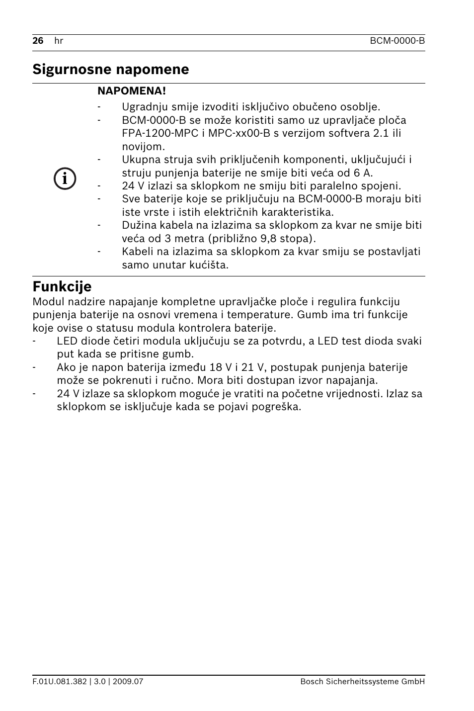 Sigurnosne napomene funkcije | Bosch FPP-5000 External Power Supply Unit Kit 24 V User Manual | Page 26 / 60