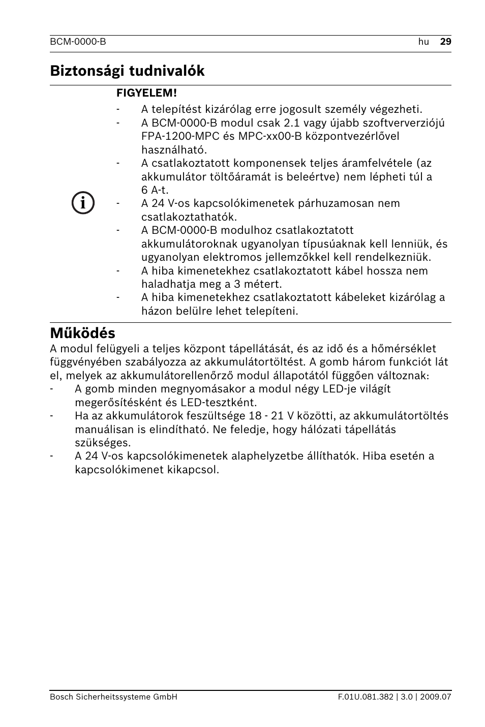 Biztonsági tudnivalók működés | Bosch FPP-5000 External Power Supply Unit Kit 24 V User Manual | Page 29 / 60