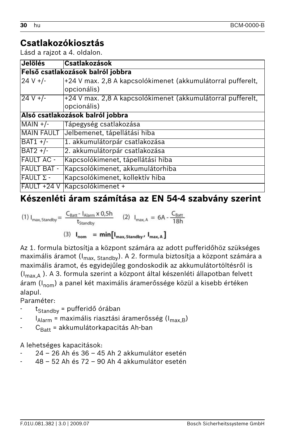 Csatlakozókiosztás | Bosch FPP-5000 External Power Supply Unit Kit 24 V User Manual | Page 30 / 60