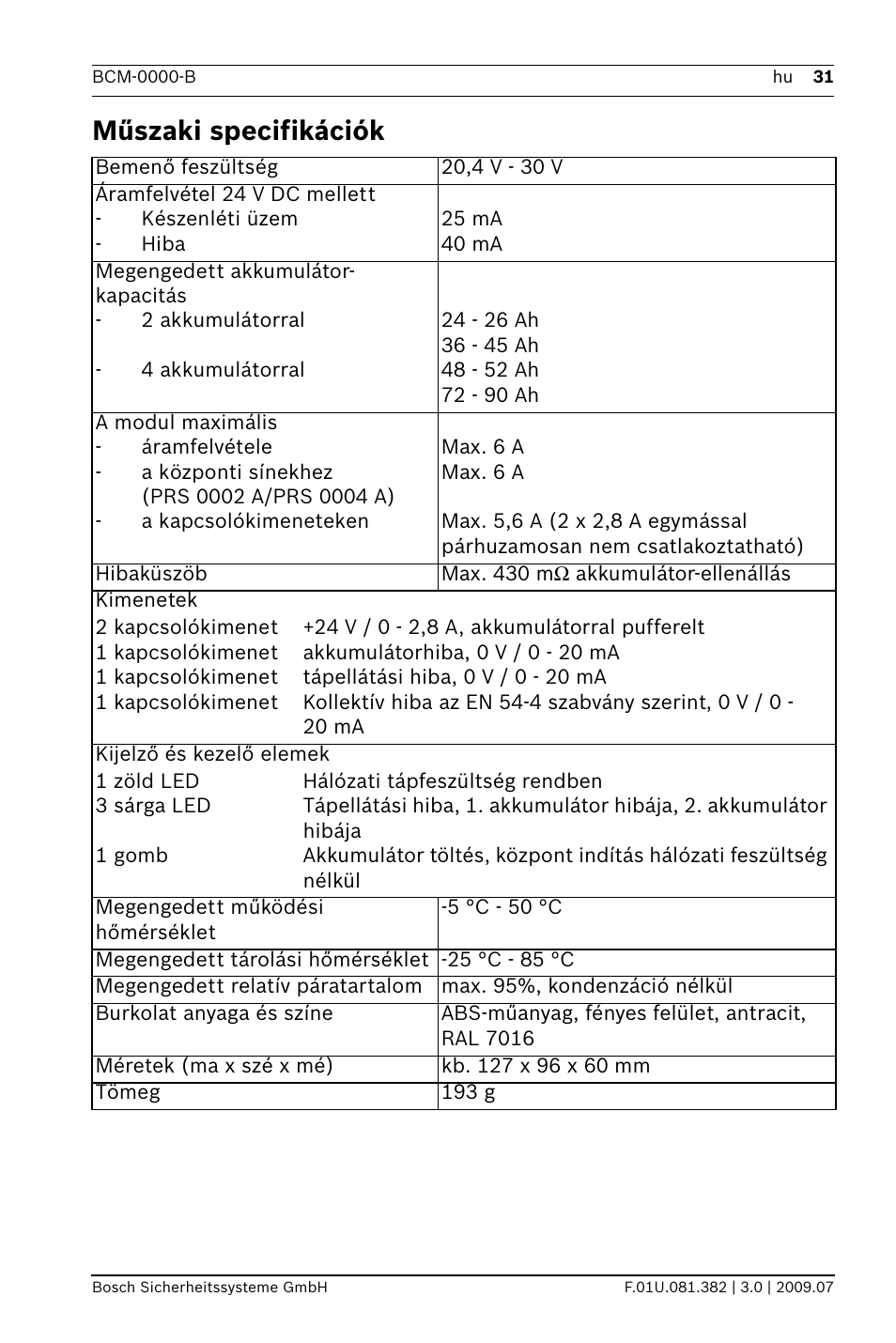 Műszaki specifikációk | Bosch FPP-5000 External Power Supply Unit Kit 24 V User Manual | Page 31 / 60