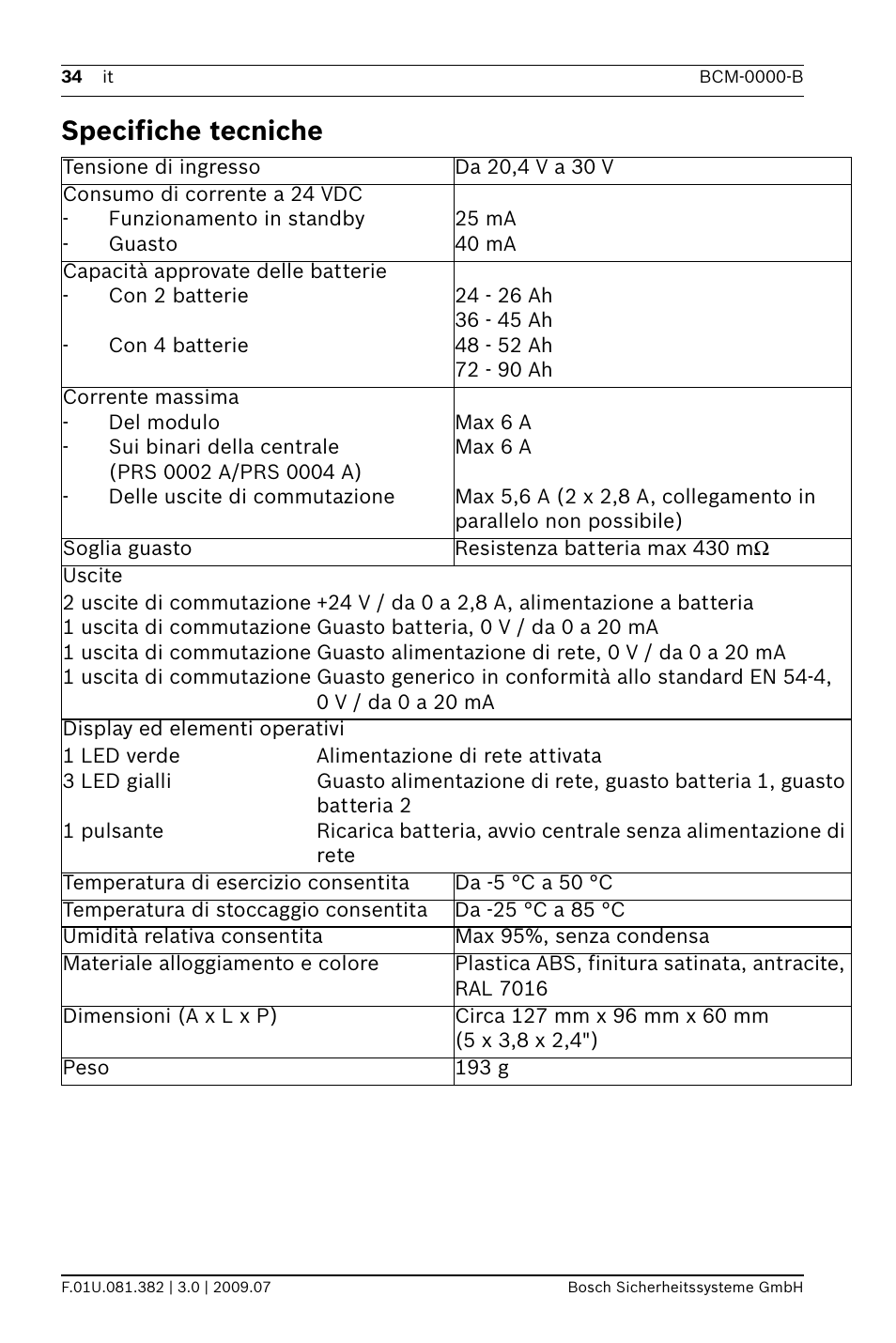 Specifiche tecniche | Bosch FPP-5000 External Power Supply Unit Kit 24 V User Manual | Page 34 / 60