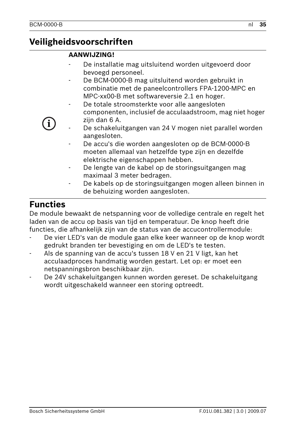 Veiligheidsvoorschriften functies | Bosch FPP-5000 External Power Supply Unit Kit 24 V User Manual | Page 35 / 60