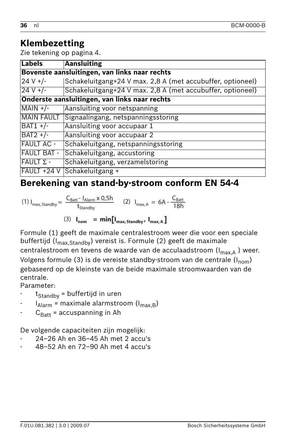 Klembezetting, Berekening van stand-by-stroom conform en 54-4 | Bosch FPP-5000 External Power Supply Unit Kit 24 V User Manual | Page 36 / 60
