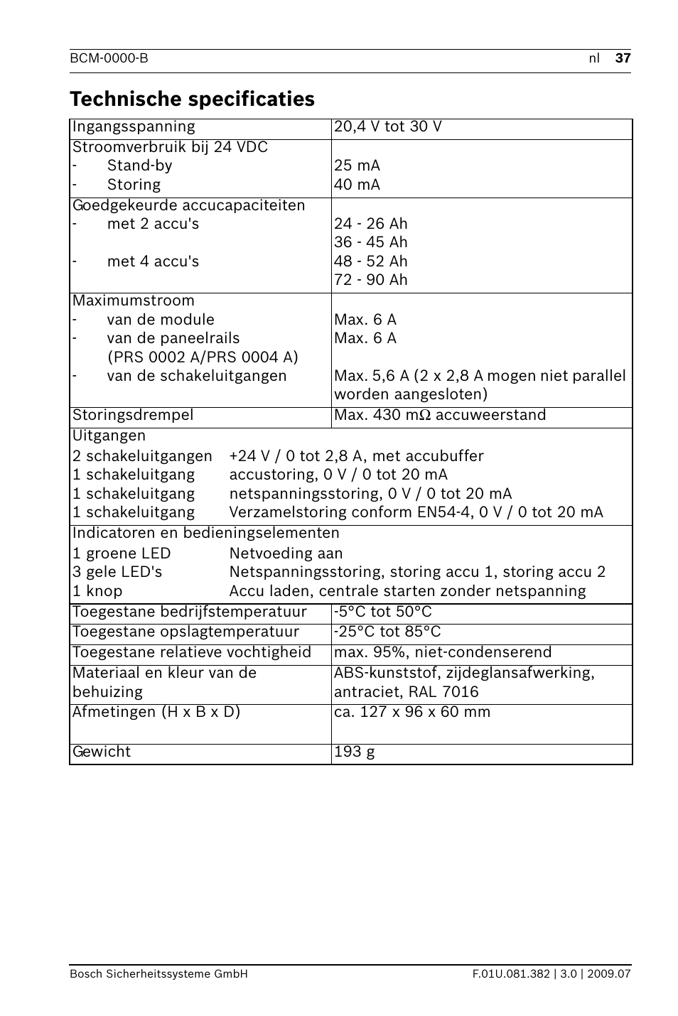 Technische specificaties | Bosch FPP-5000 External Power Supply Unit Kit 24 V User Manual | Page 37 / 60