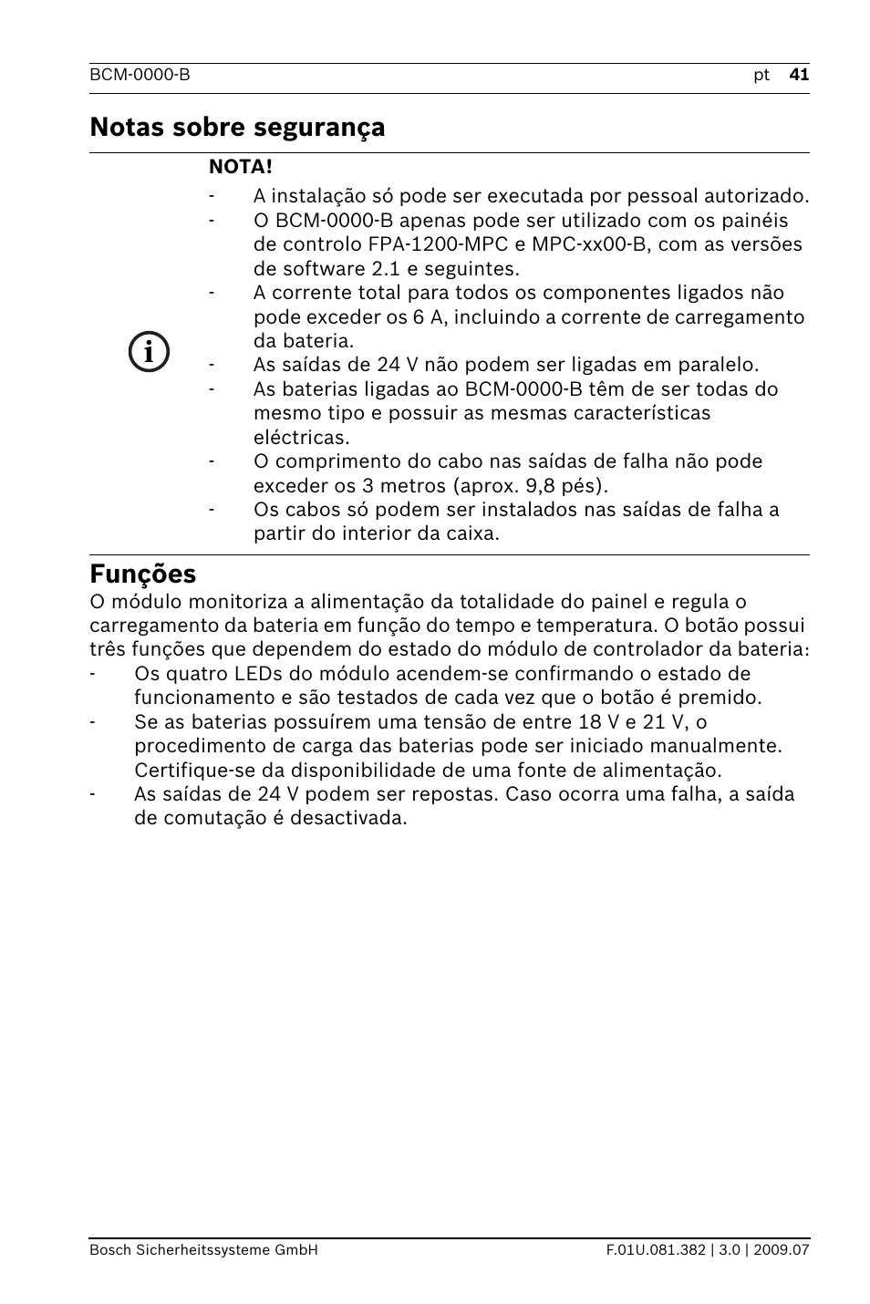 Notas sobre segurança funções | Bosch FPP-5000 External Power Supply Unit Kit 24 V User Manual | Page 41 / 60