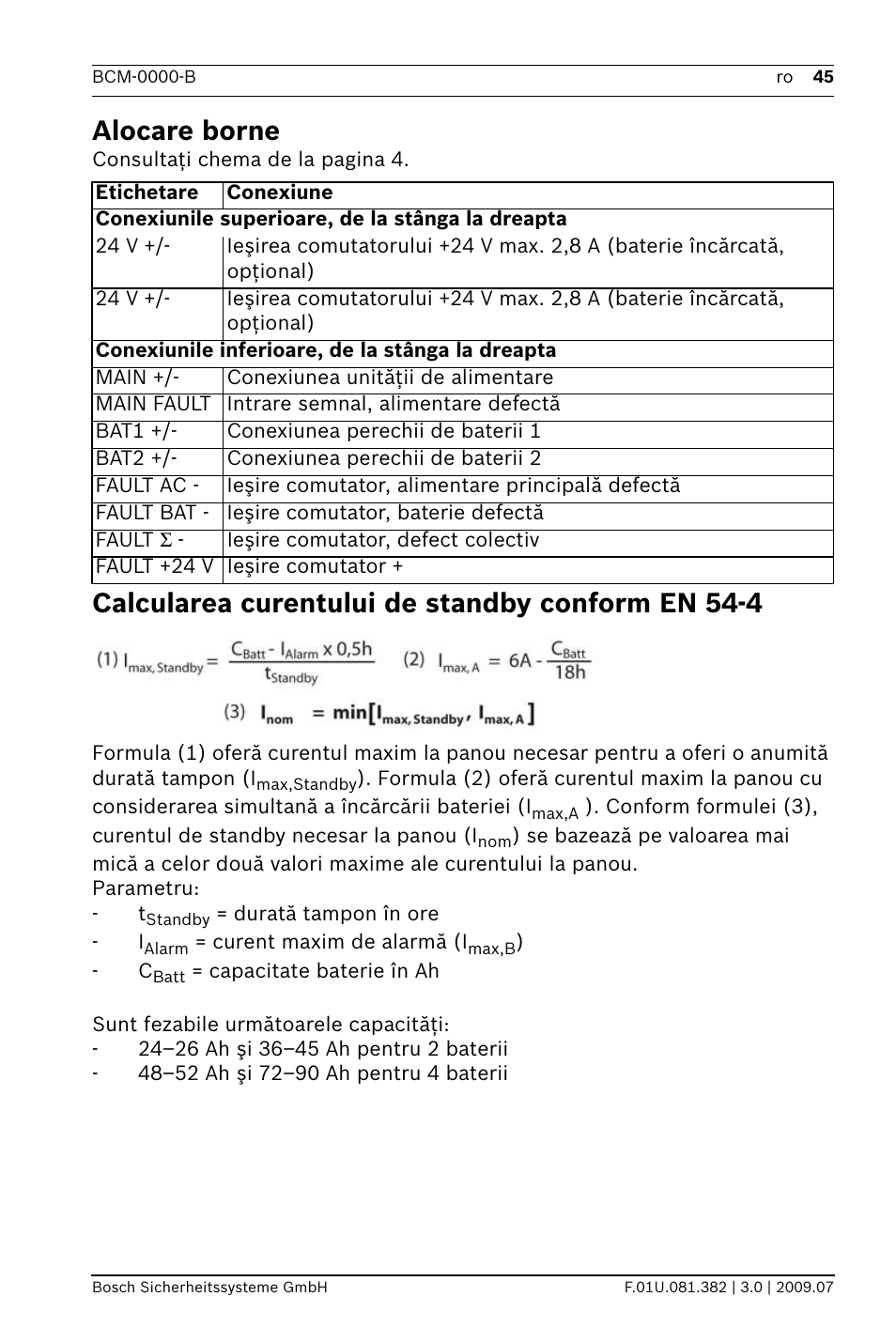 Alocare borne, Calcularea curentului de standby conform en 54-4 | Bosch FPP-5000 External Power Supply Unit Kit 24 V User Manual | Page 45 / 60
