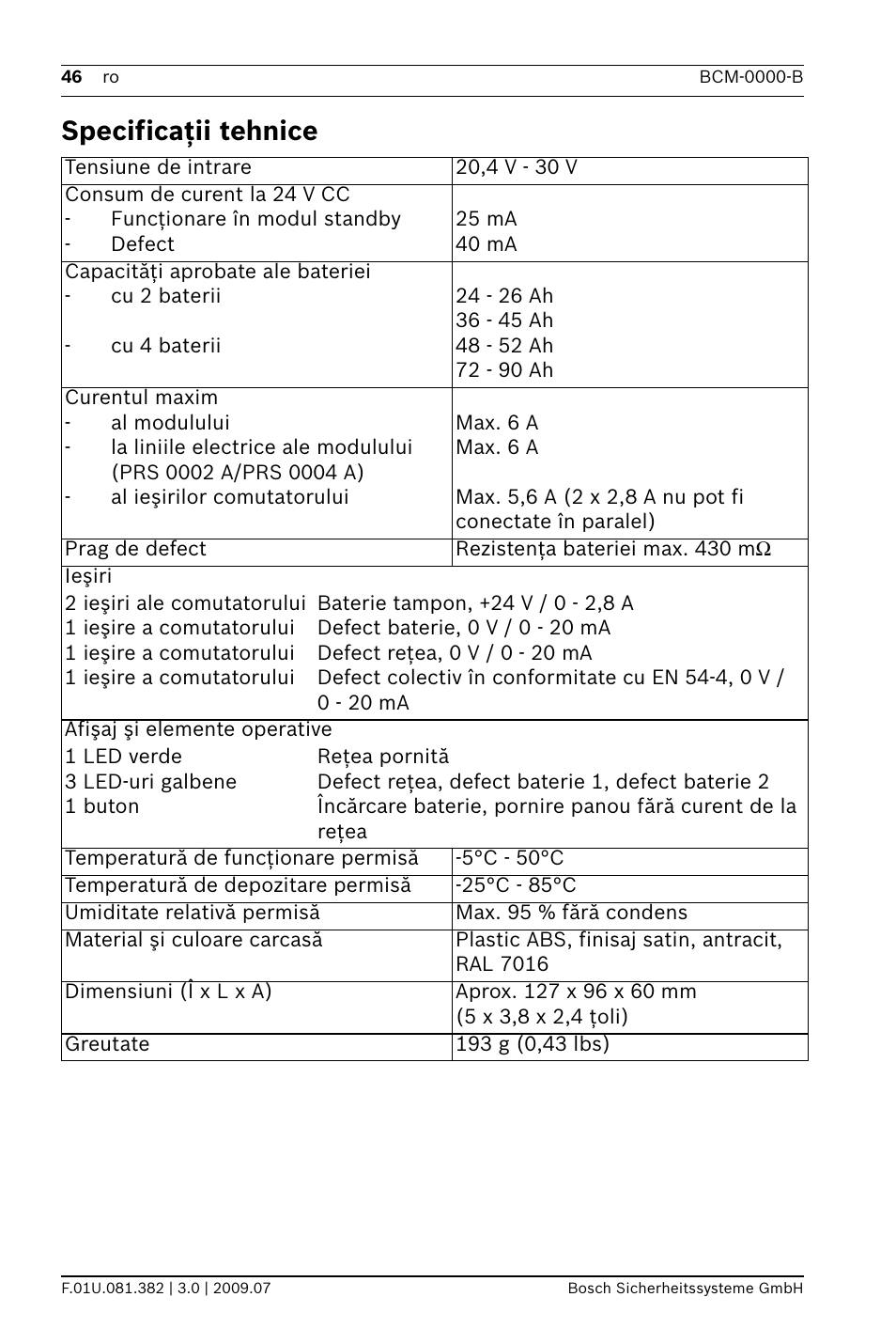 Specificaţii tehnice | Bosch FPP-5000 External Power Supply Unit Kit 24 V User Manual | Page 46 / 60
