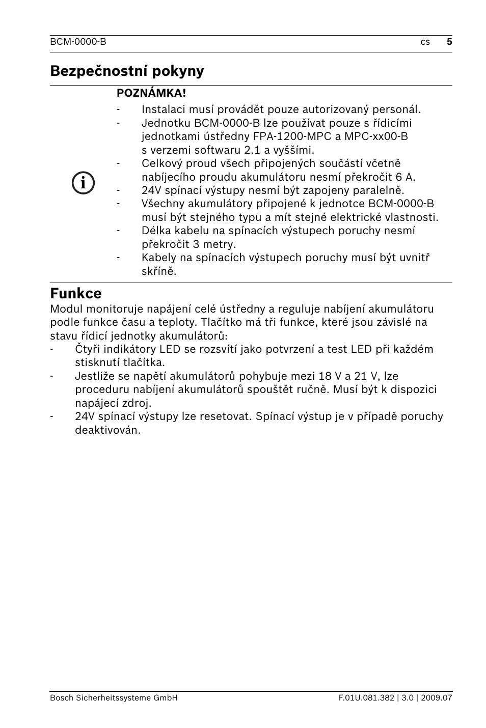 Bezpečnostní pokyny funkce | Bosch FPP-5000 External Power Supply Unit Kit 24 V User Manual | Page 5 / 60