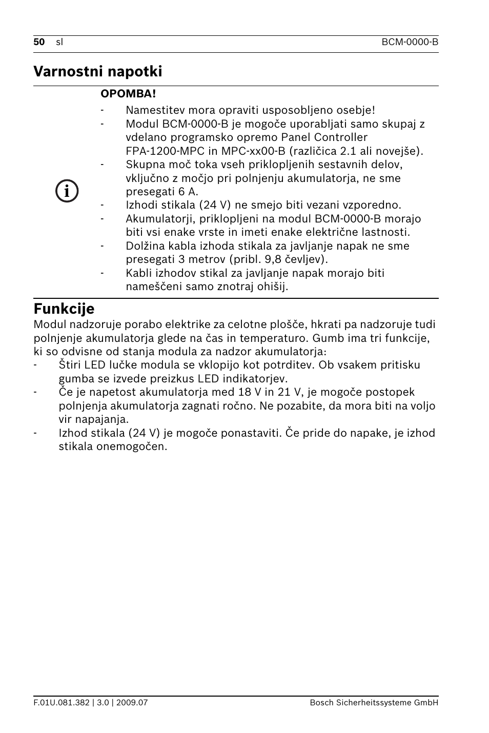 Varnostni napotki funkcije | Bosch FPP-5000 External Power Supply Unit Kit 24 V User Manual | Page 50 / 60
