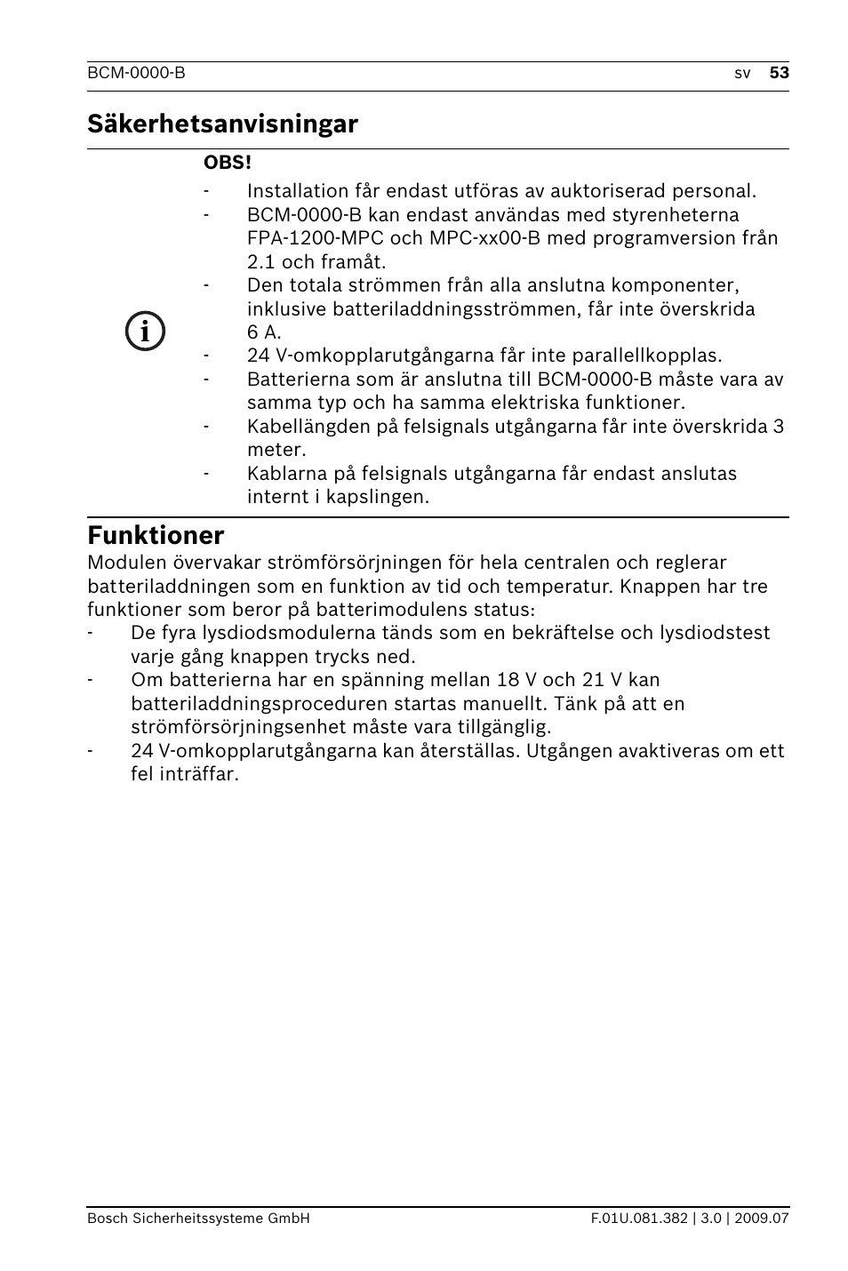 Säkerhetsanvisningar funktioner | Bosch FPP-5000 External Power Supply Unit Kit 24 V User Manual | Page 53 / 60